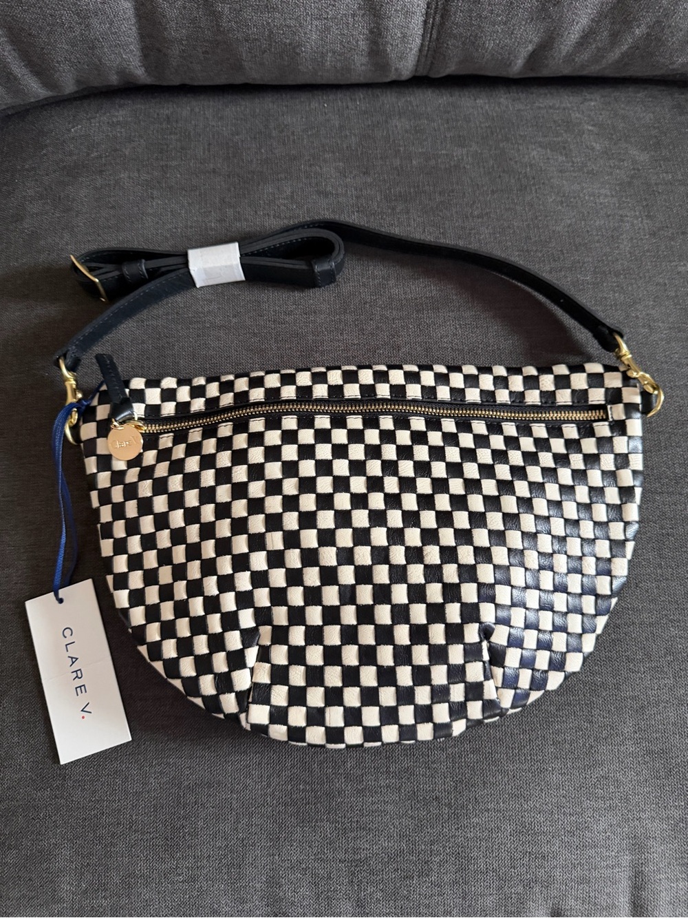 Clare V. Grande Woven Leather Belt Bag in Black And Cream Checker NWT - Picture 3 of 7